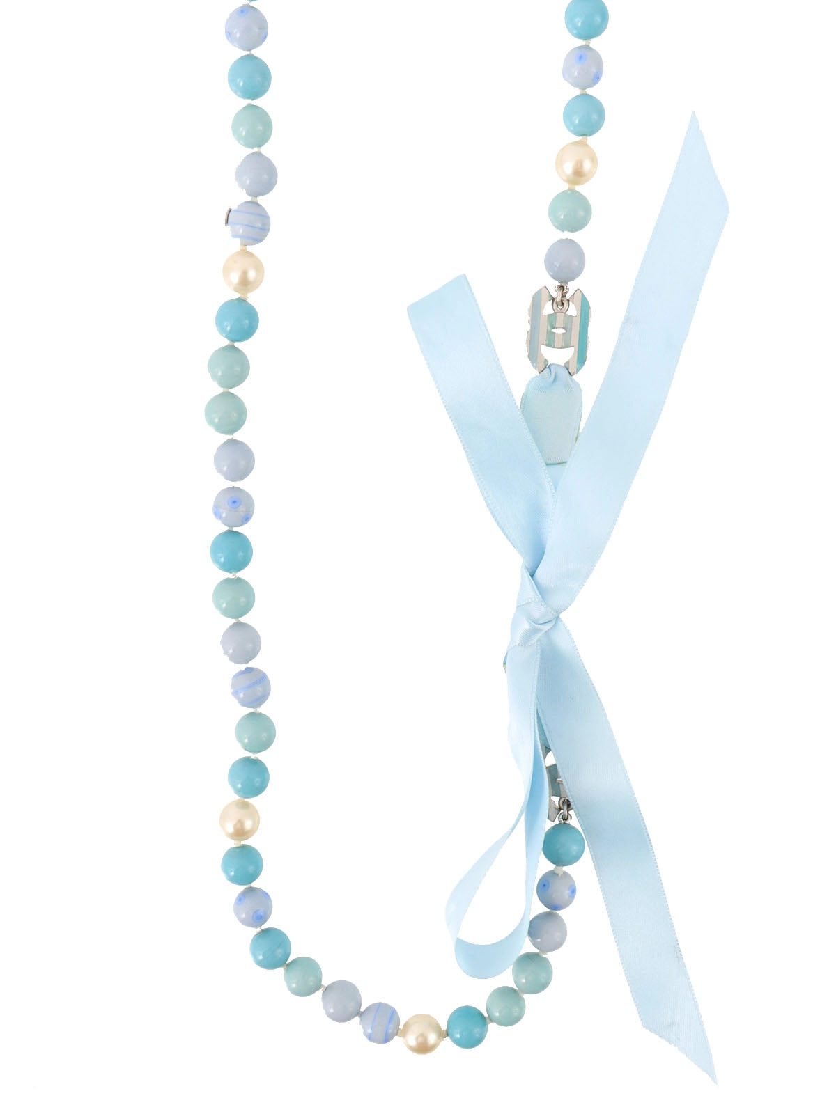 2005 Pearl CC Mark Plate Ribbon Necklace in Silver/Light Blue/White