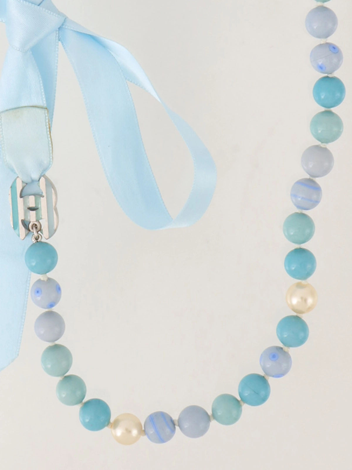 2005 Pearl CC Mark Plate Ribbon Necklace in Silver/Light Blue/White