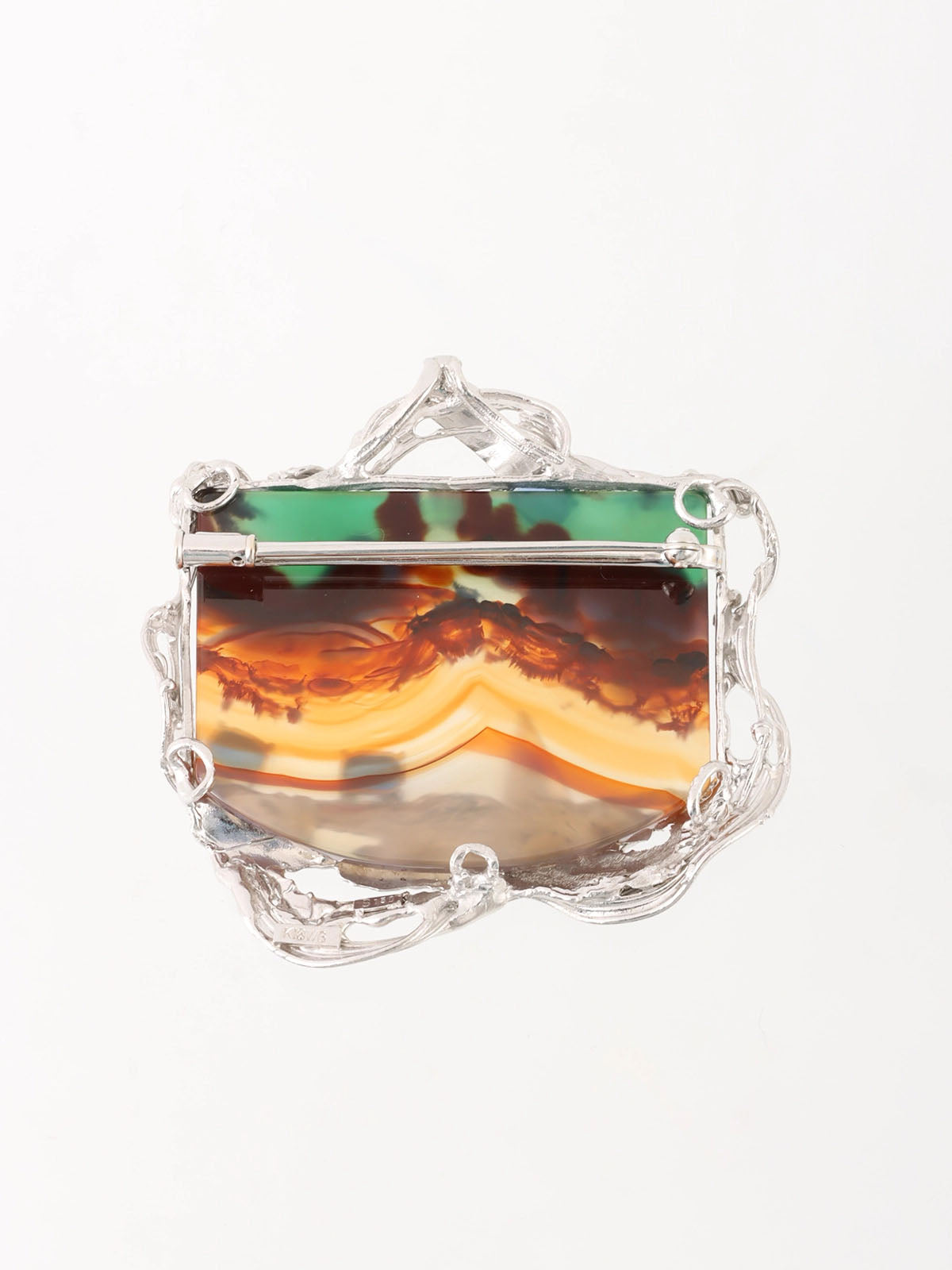 18K Chalcedony and Sapphire Brooch in Silver, Orange, and Blue