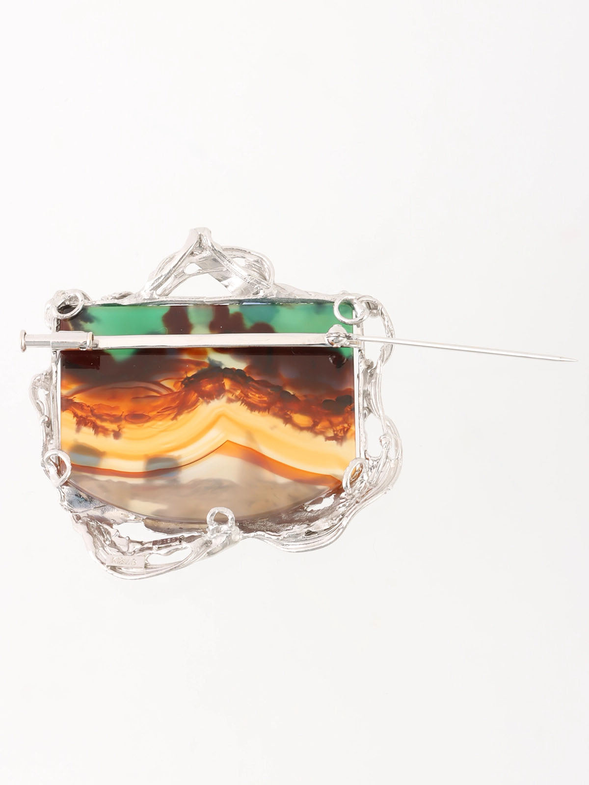 18K Chalcedony and Sapphire Brooch in Silver, Orange, and Blue