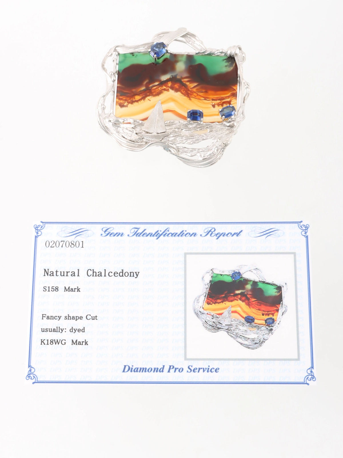 18K Chalcedony and Sapphire Brooch in Silver, Orange, and Blue