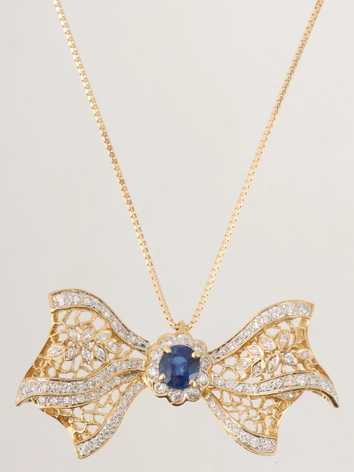 18K Sapphire and Diamond Ribbon Motif Necklace in Blue/Gold