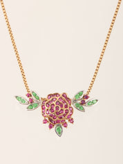 18K Ruby Rose Bouquet Necklace in Rose Gold, Fuchsia, and Green