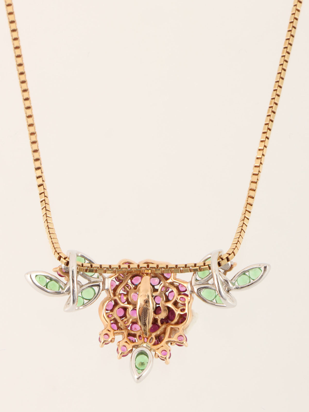 18K Ruby Rose Bouquet Necklace in Rose Gold, Fuchsia, and Green