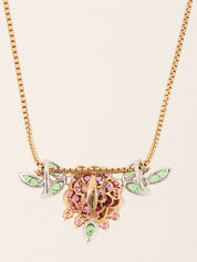18K Ruby Rose Bouquet Necklace in Rose Gold, Fuchsia, and Green