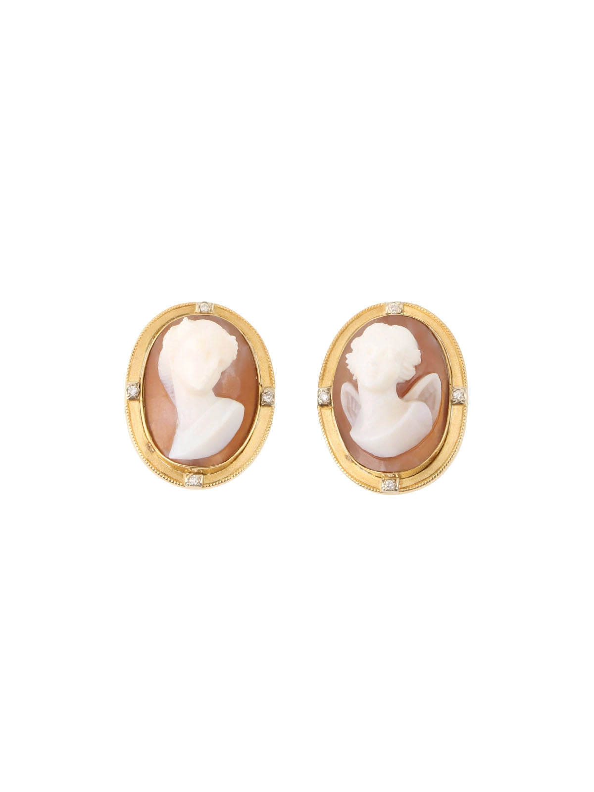 18K Shell Diamond Cameo Earrings in Gold/White/Brown