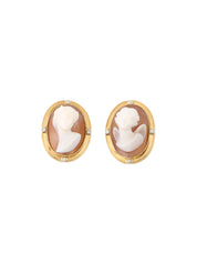 18K Shell Diamond Cameo Earrings in Gold/White/Brown