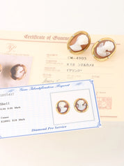 18K Shell Diamond Cameo Earrings in Gold/White/Brown