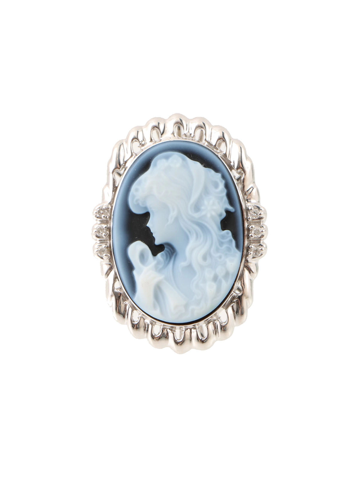 18K Chalcedony and Diamond Cameo Ring in Silver, Navy, and White