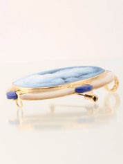 18K Chalcedony and Diamond Cameo Brooch in Blue/Gold