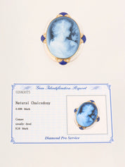 18K Chalcedony and Diamond Cameo Brooch in Blue/Gold