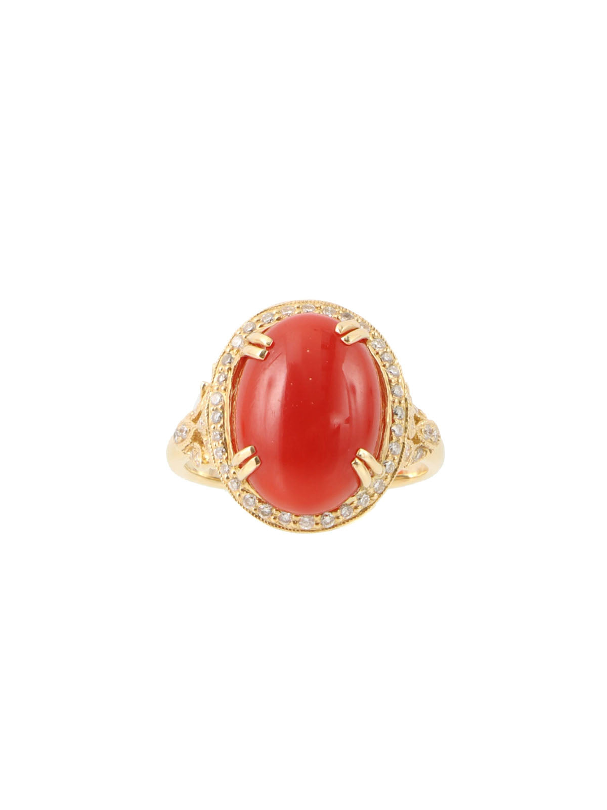 18K Coral and Diamond Oval Motif Ring in Red/Gold