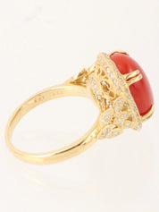 18K Coral and Diamond Oval Motif Ring in Red/Gold