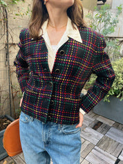 黑色/多色羊毛格纹无领夹克