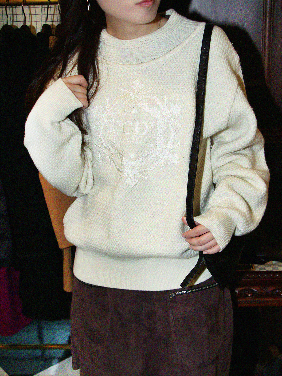Logo Embroidered Long Sleeve Knit Sweater in Ivory