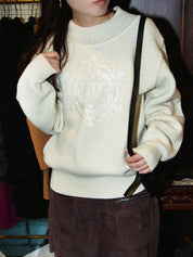 Logo Embroidered Long Sleeve Knit Sweater in Ivory
