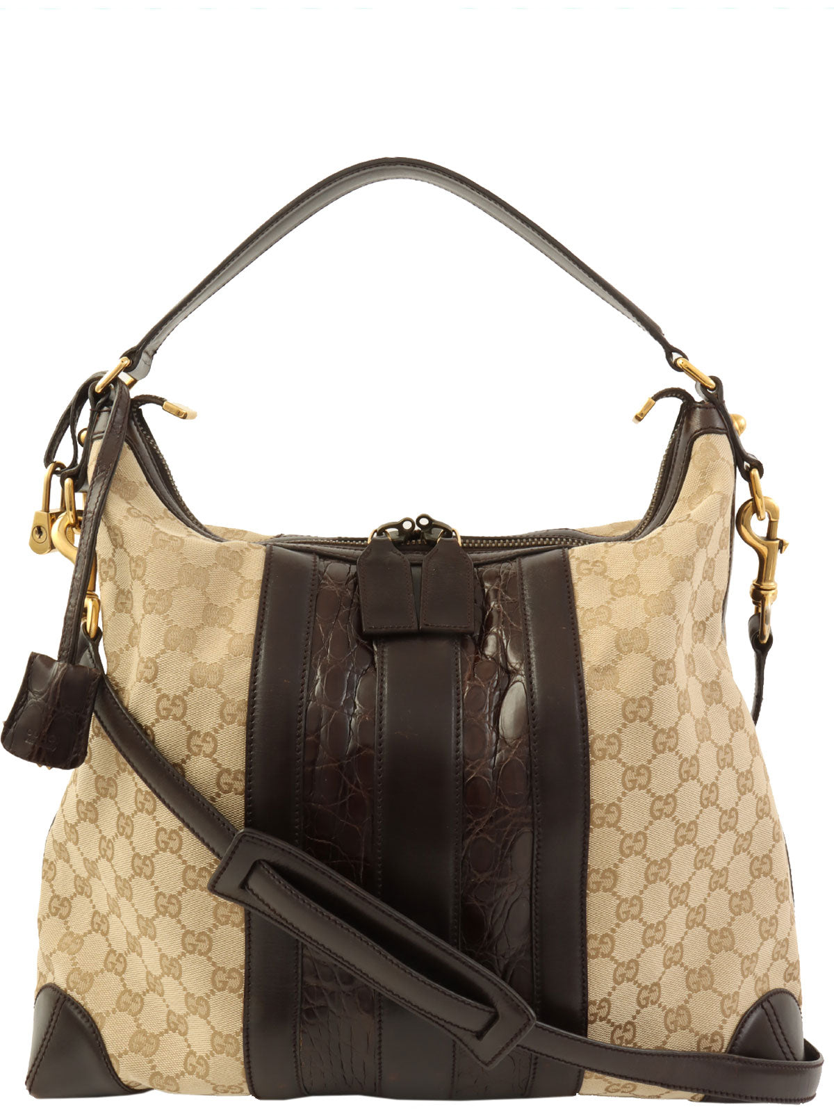 Crocodile canvas GG pattern combination 2-way bag in beige/dark brown