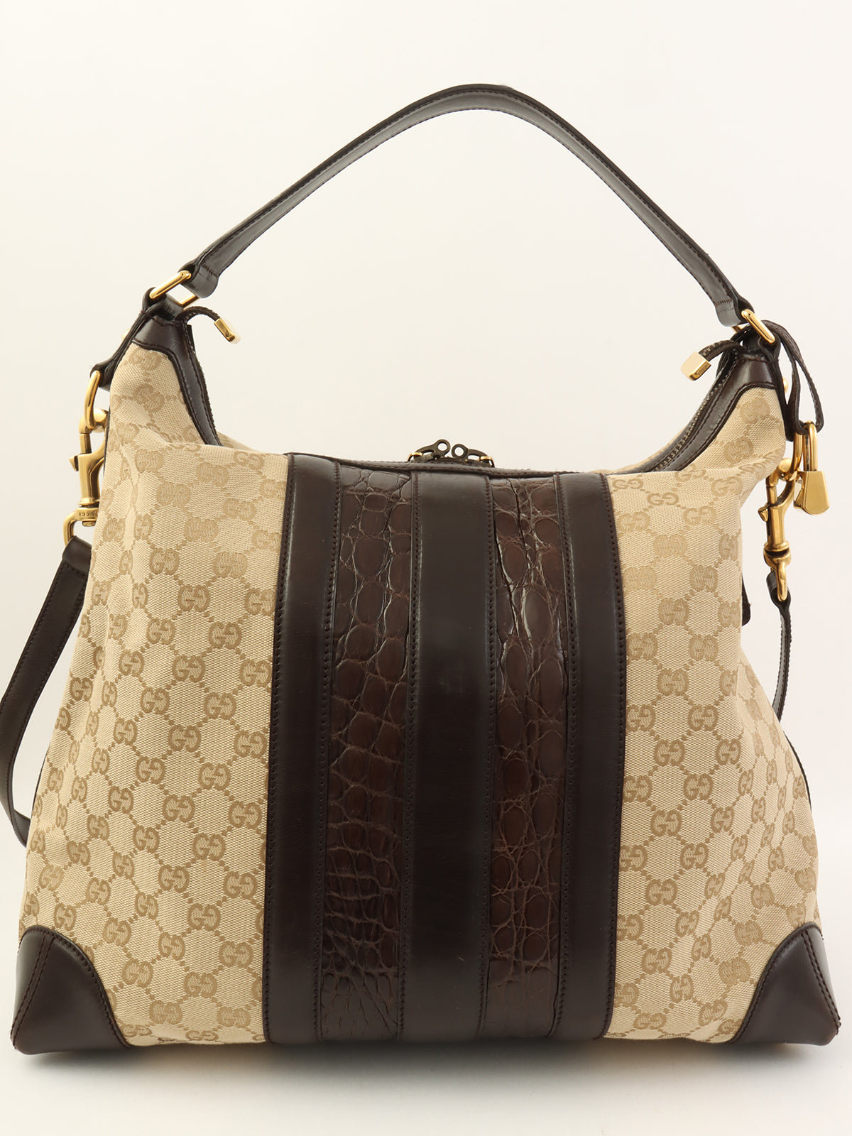 鳄鱼帆布 GG 图案组合米色/深棕色两用包