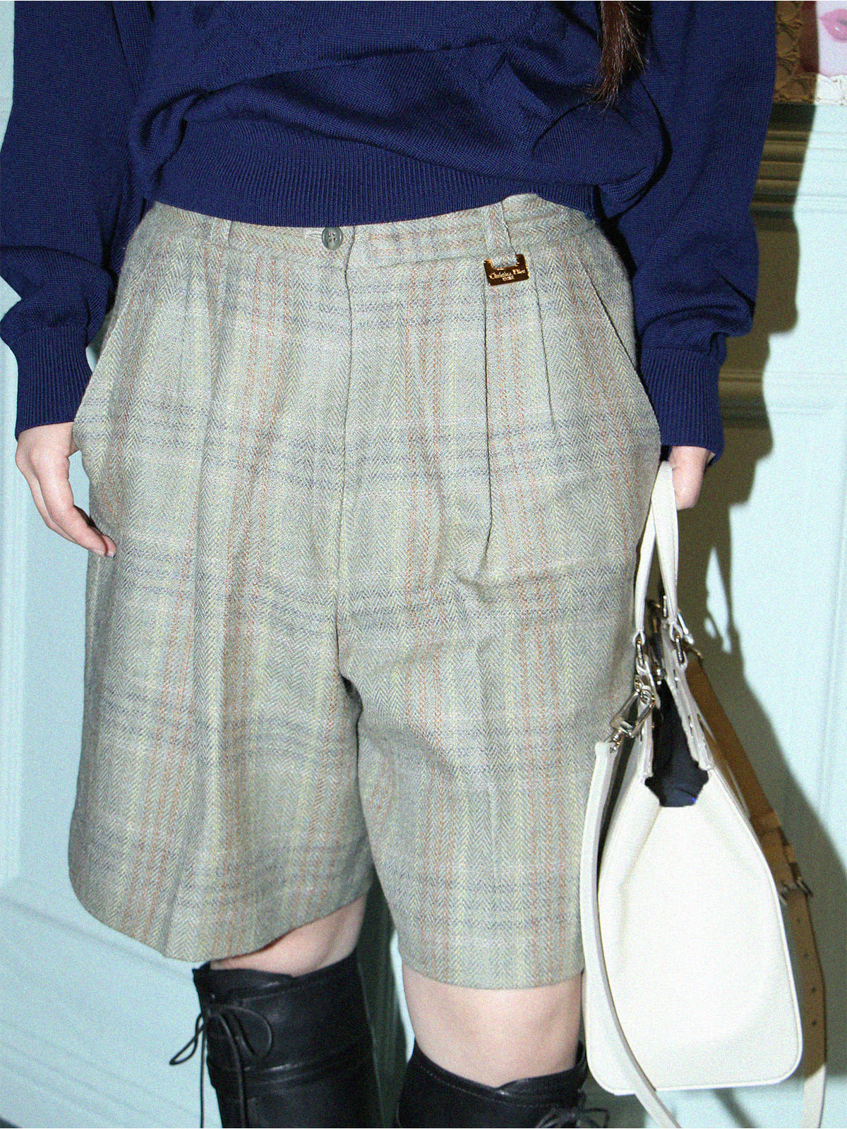 Wool Check Pattern Logo Plate Shorts Ash Green/Multi