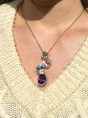 18K Diamond Amethyst Oval Stone Necklace in Gold/Multi