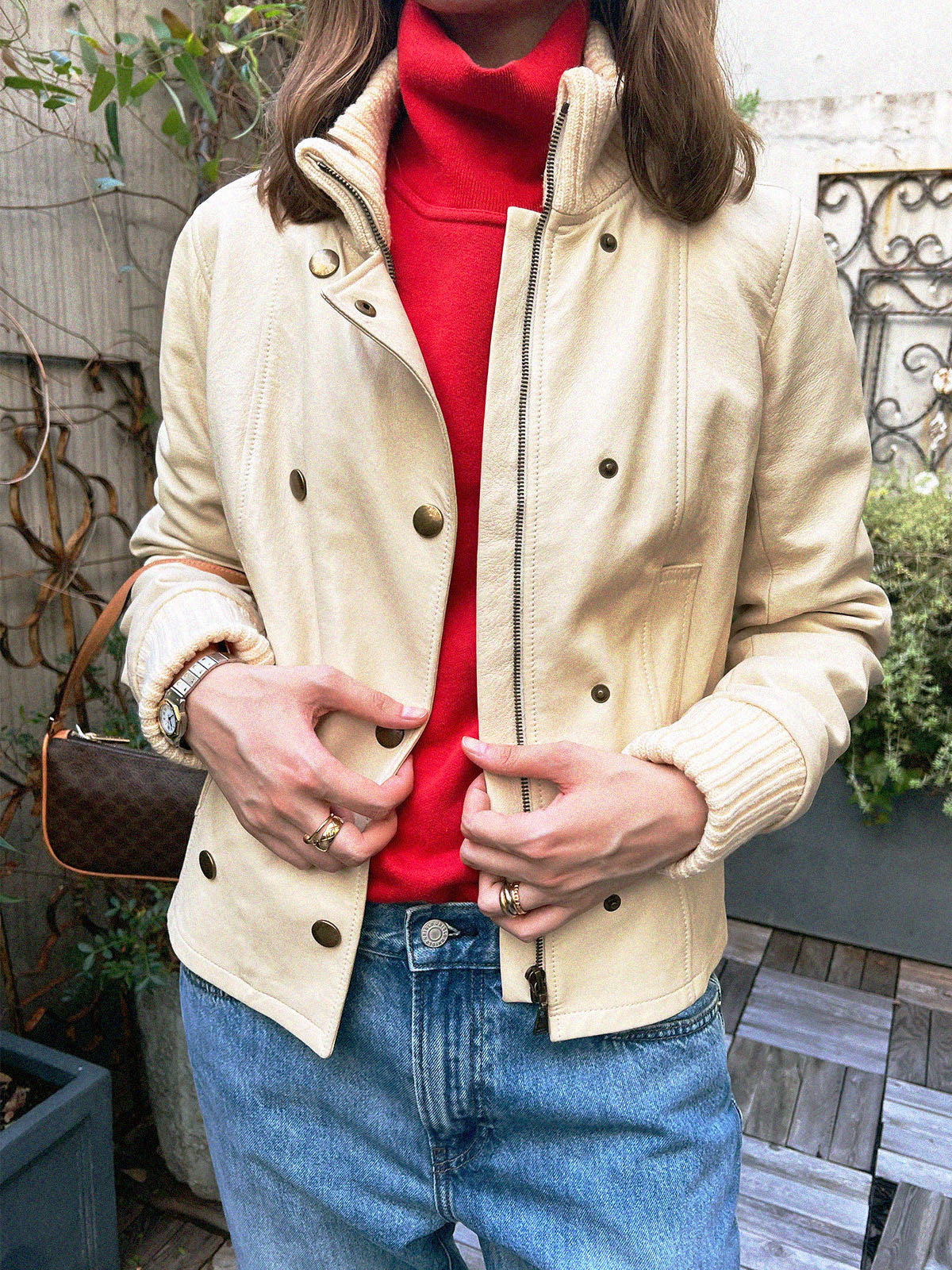 Leather logo button jacket in ivory