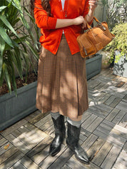 Block Check Pattern Box Pleated Skirt in Camel/Navy