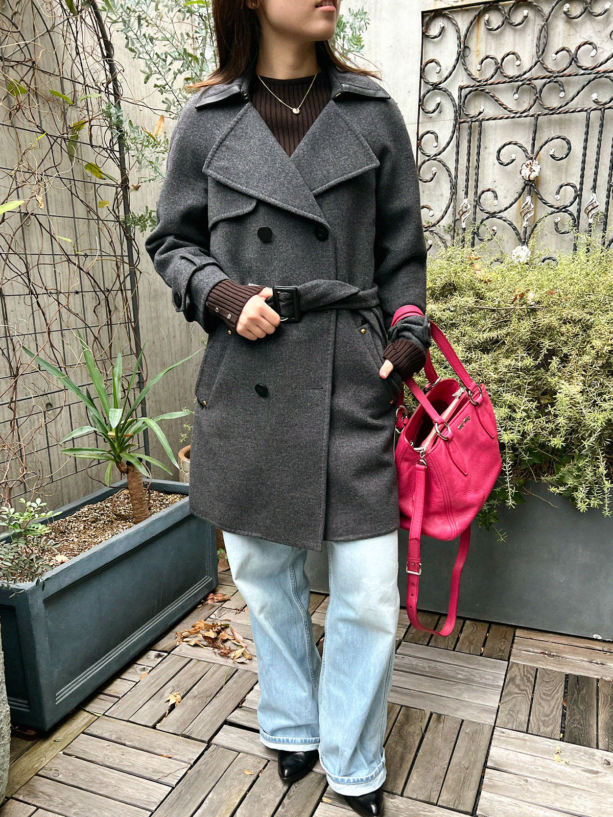 Grey wool logo button trench coat
