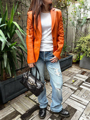 Orange logo button leather jacket