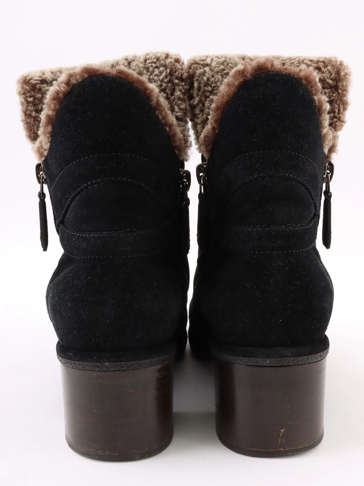 Double-zip short boots in black/beige
