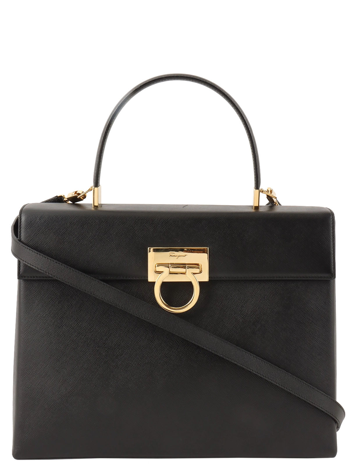 Saffiano Gancini Plate 2-Way Bag, Black