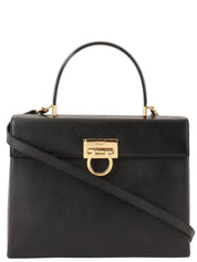 Saffiano Gancini Plate 2-Way Bag, Black