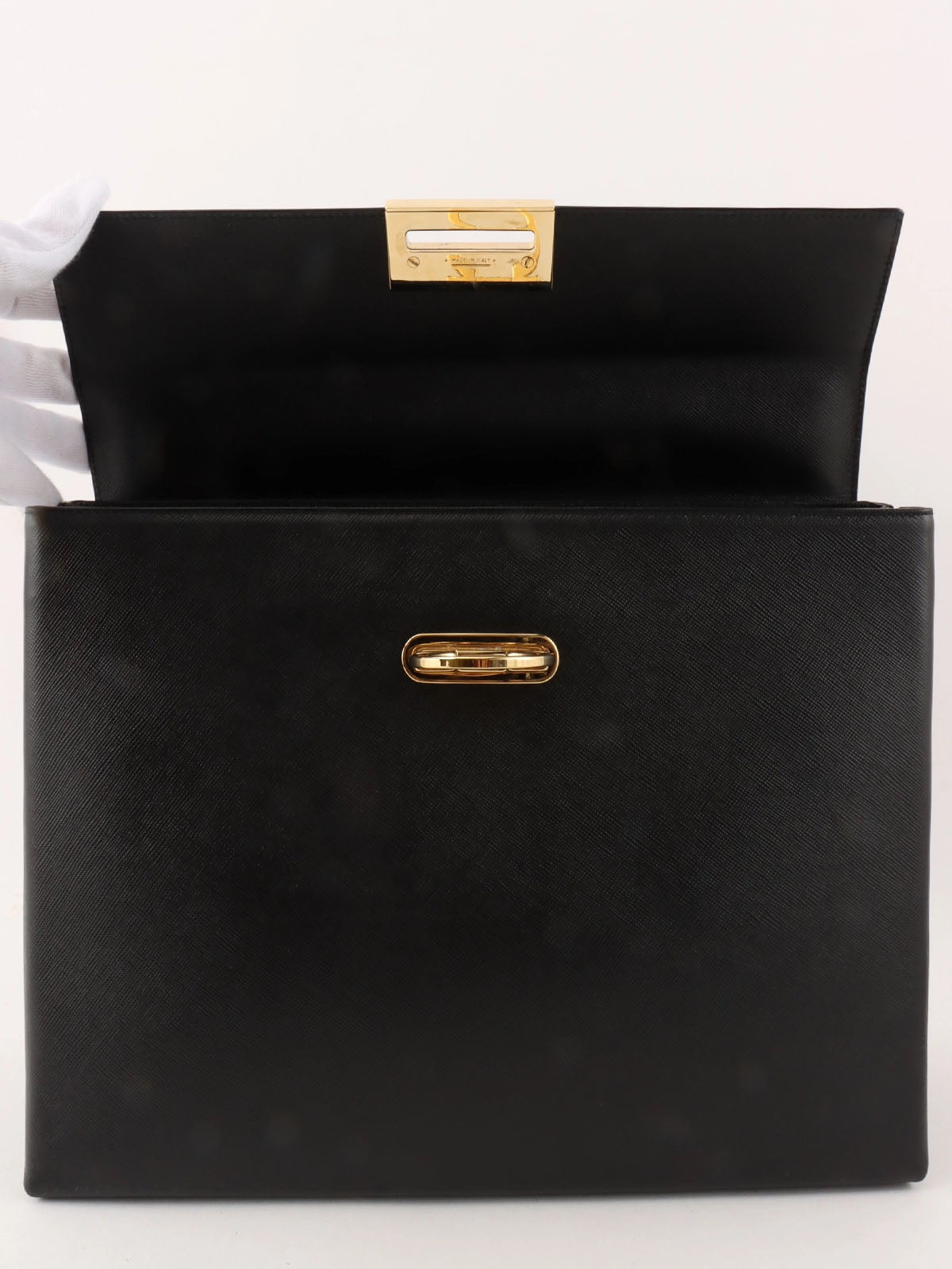 Saffiano Gancini Plate 2-Way Bag, Black