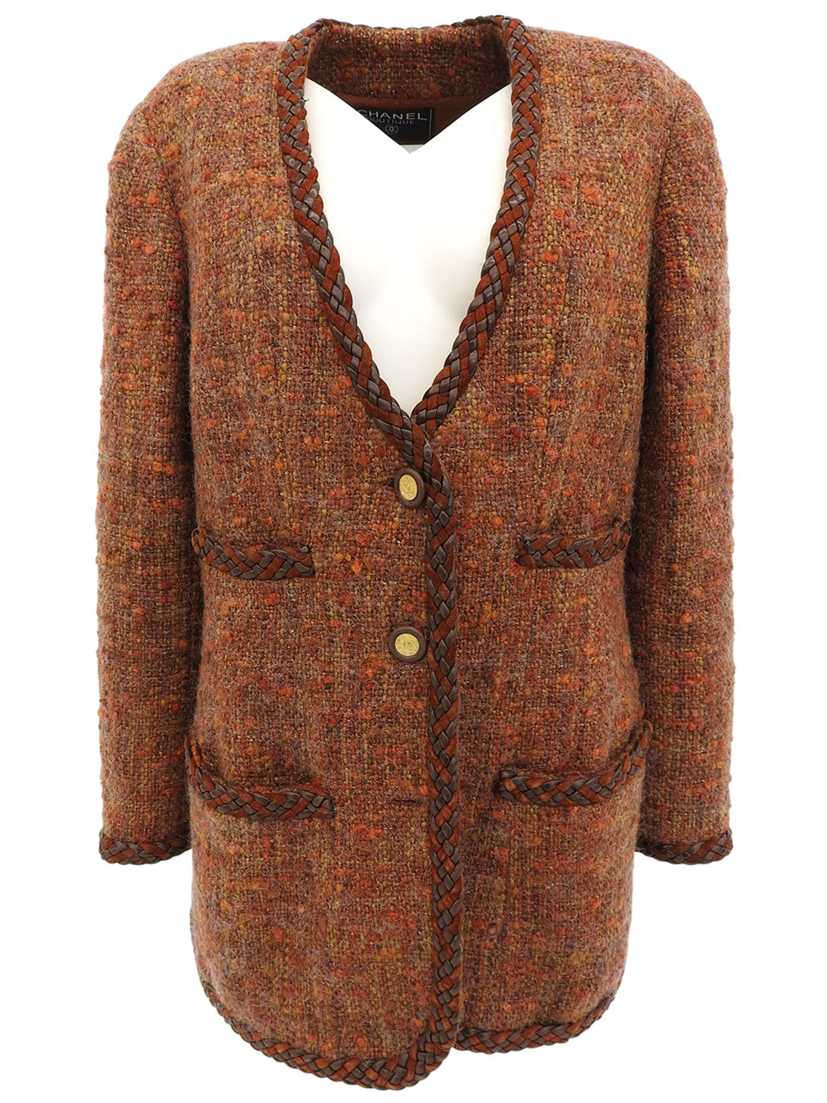 ツイードCCマークボタンノーカラージャケット ブラウン