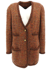 ツイードCCマークボタンノーカラージャケット ブラウン