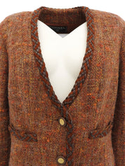 ツイードCCマークボタンノーカラージャケット ブラウン