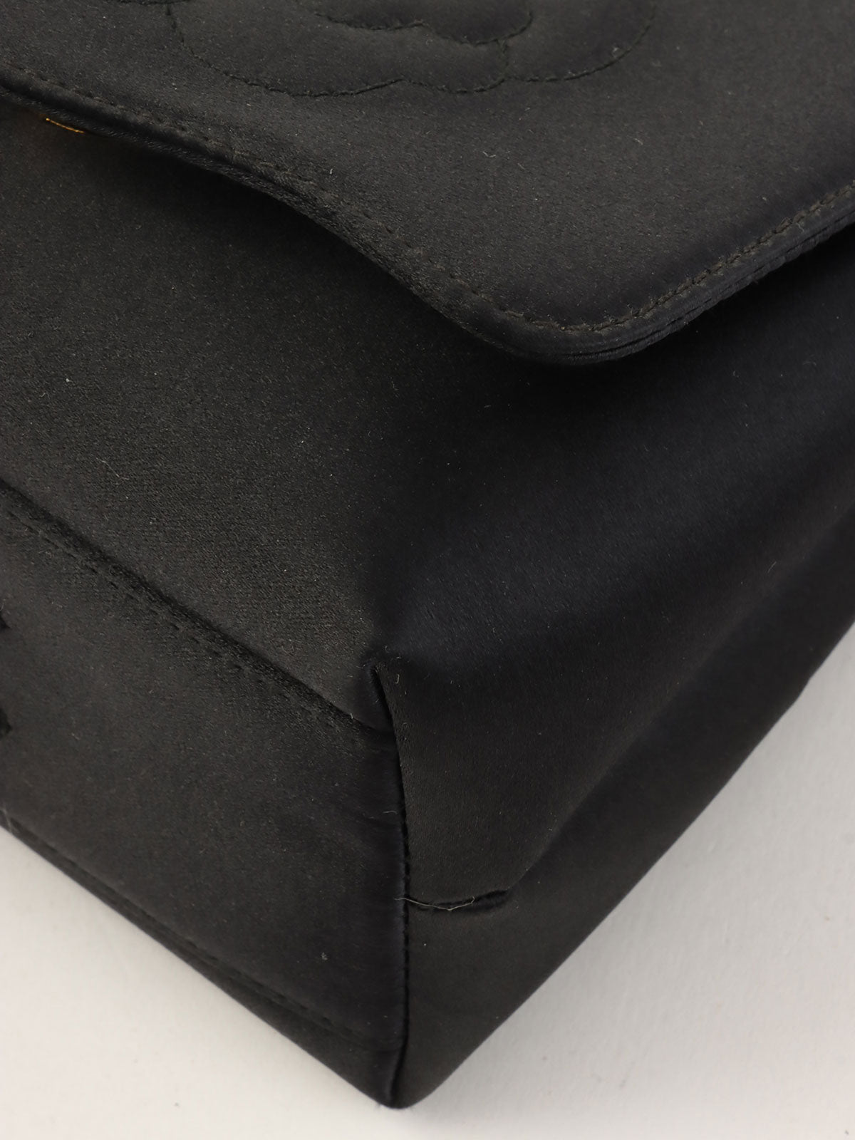 1997 Silk Satin Camellia Stitch Chain Shoulder Bag in Black