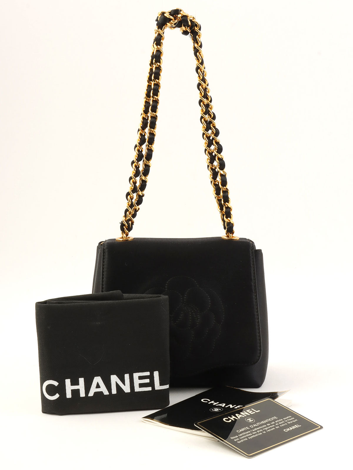 1997年頃製 シルクサテンカメリアステッチチェーンショルダーバッグ ブラック