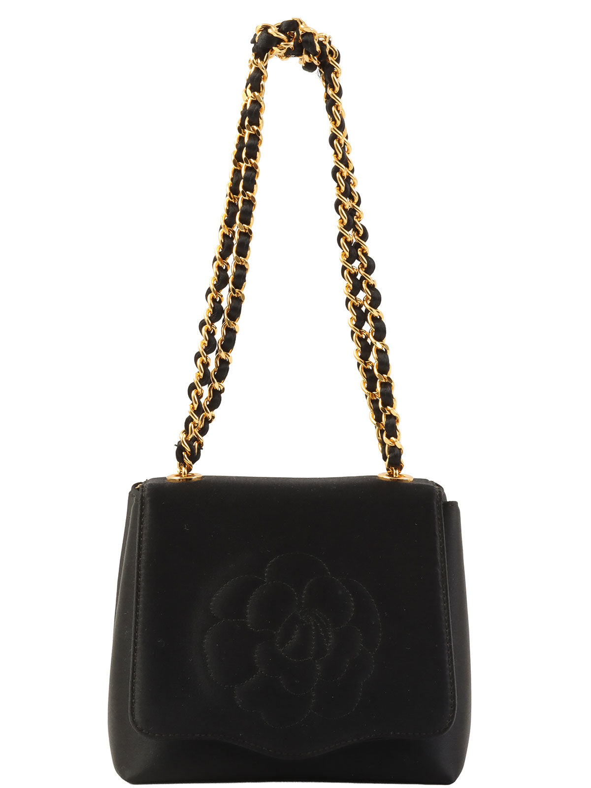 1997 Silk Satin Camellia Stitch Chain Shoulder Bag in Black