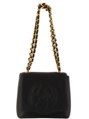 1997 Silk Satin Camellia Stitch Chain Shoulder Bag in Black