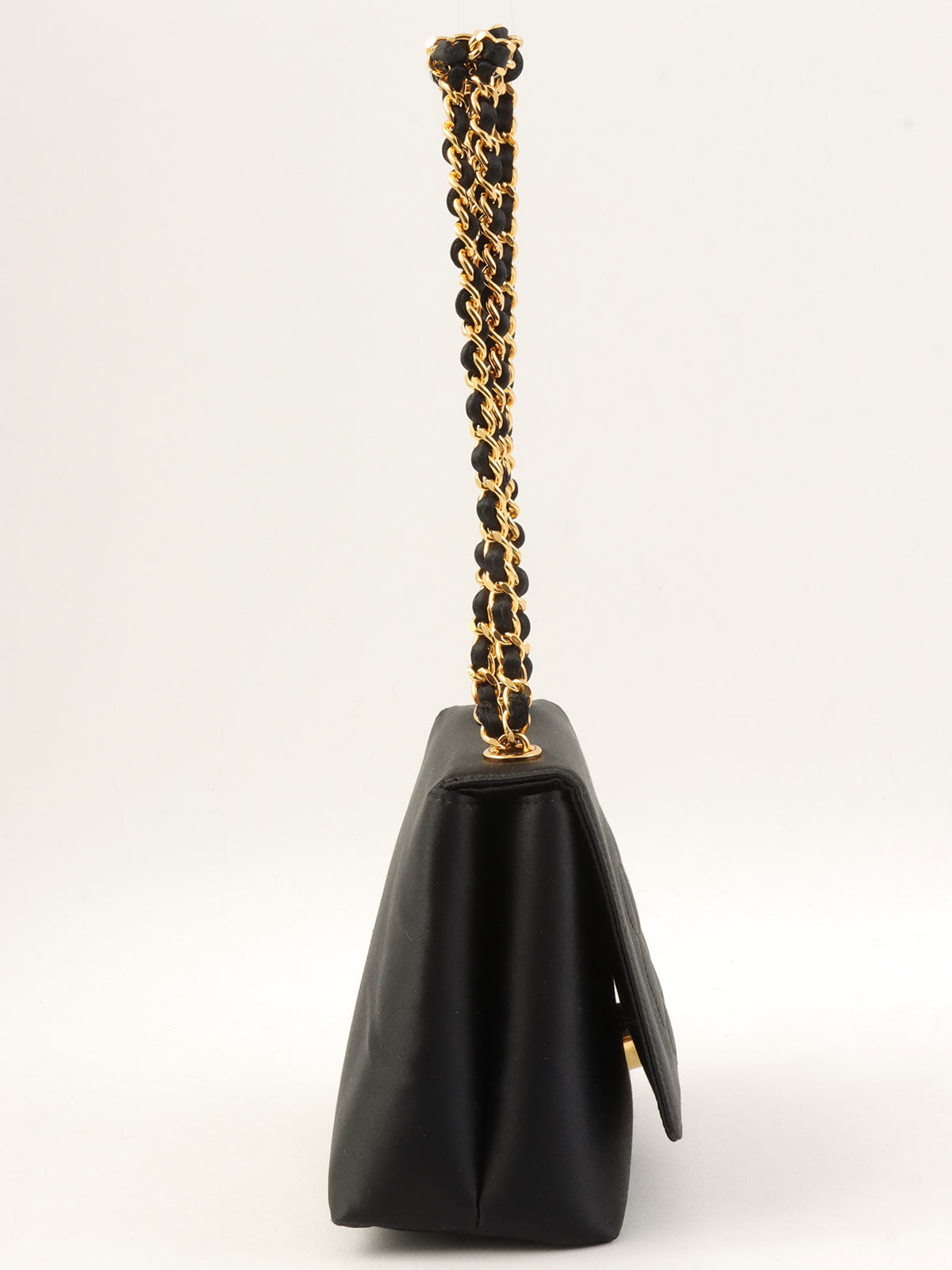 1997 Silk Satin Camellia Stitch Chain Shoulder Bag in Black