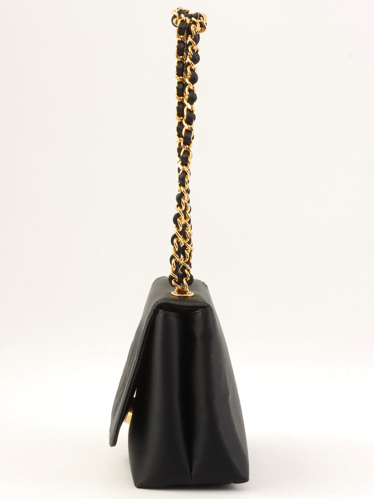 1997 Silk Satin Camellia Stitch Chain Shoulder Bag in Black