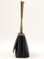1997 Silk Satin Camellia Stitch Chain Shoulder Bag in Black