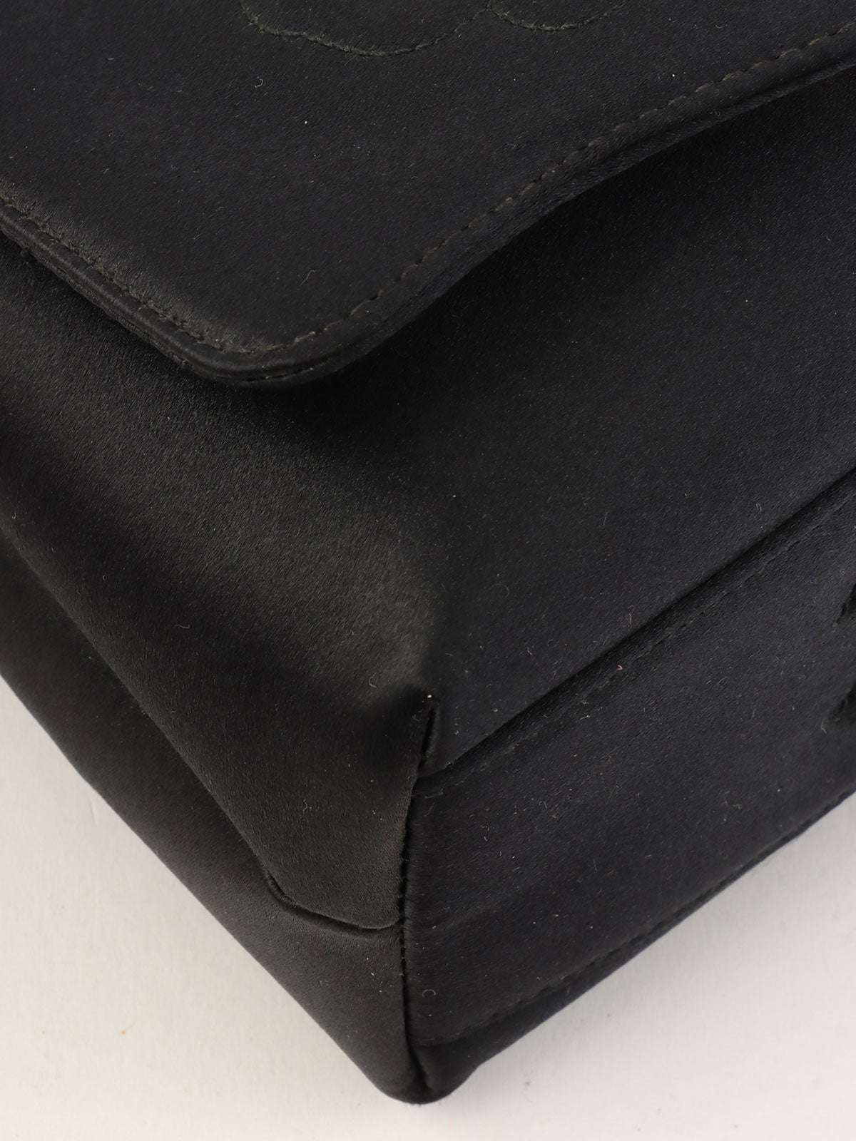 1997 Silk Satin Camellia Stitch Chain Shoulder Bag in Black