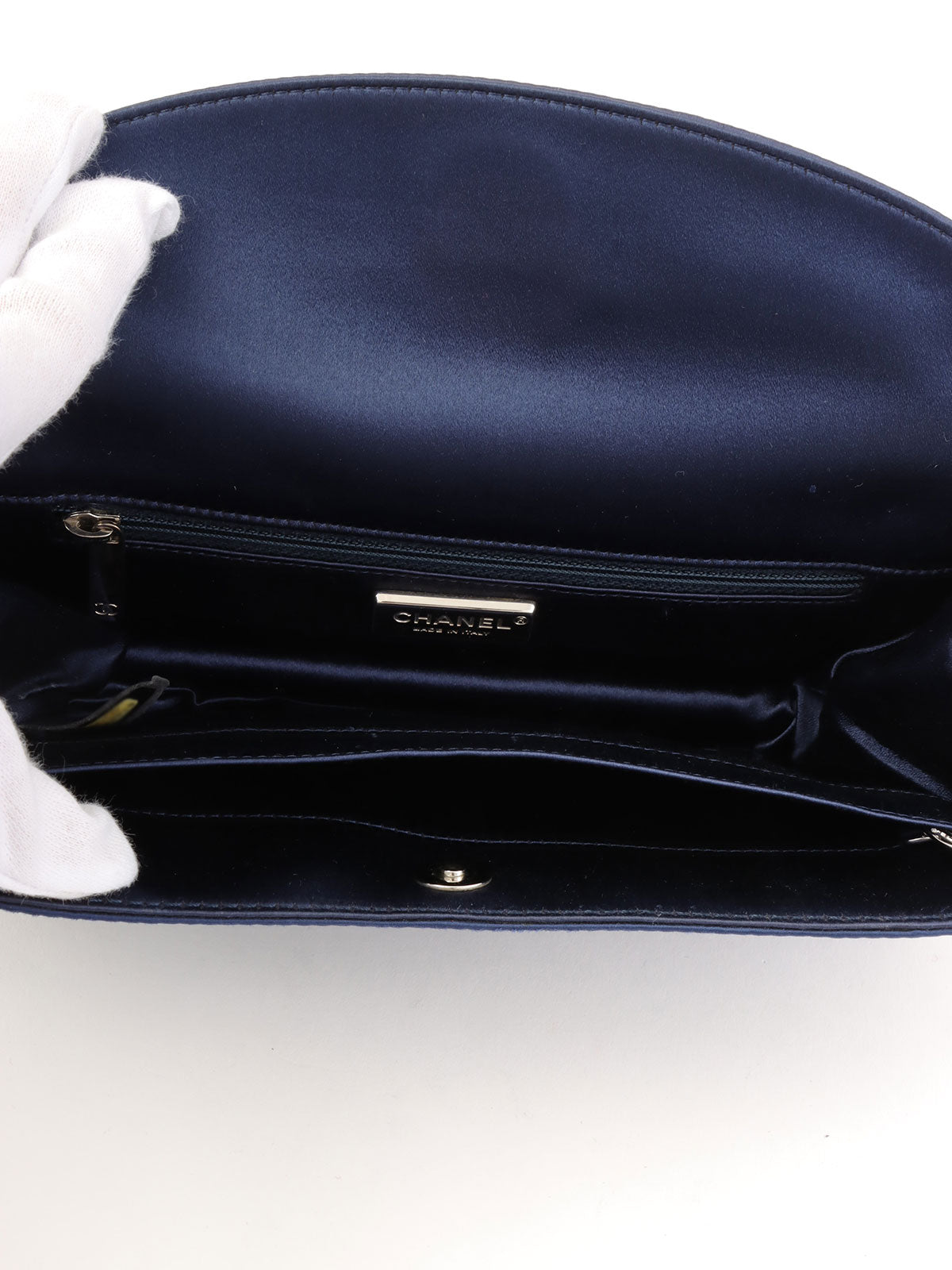 2013年頃 シルクサテンCCマークプレートチェーンショルダーバッグ ネイビー