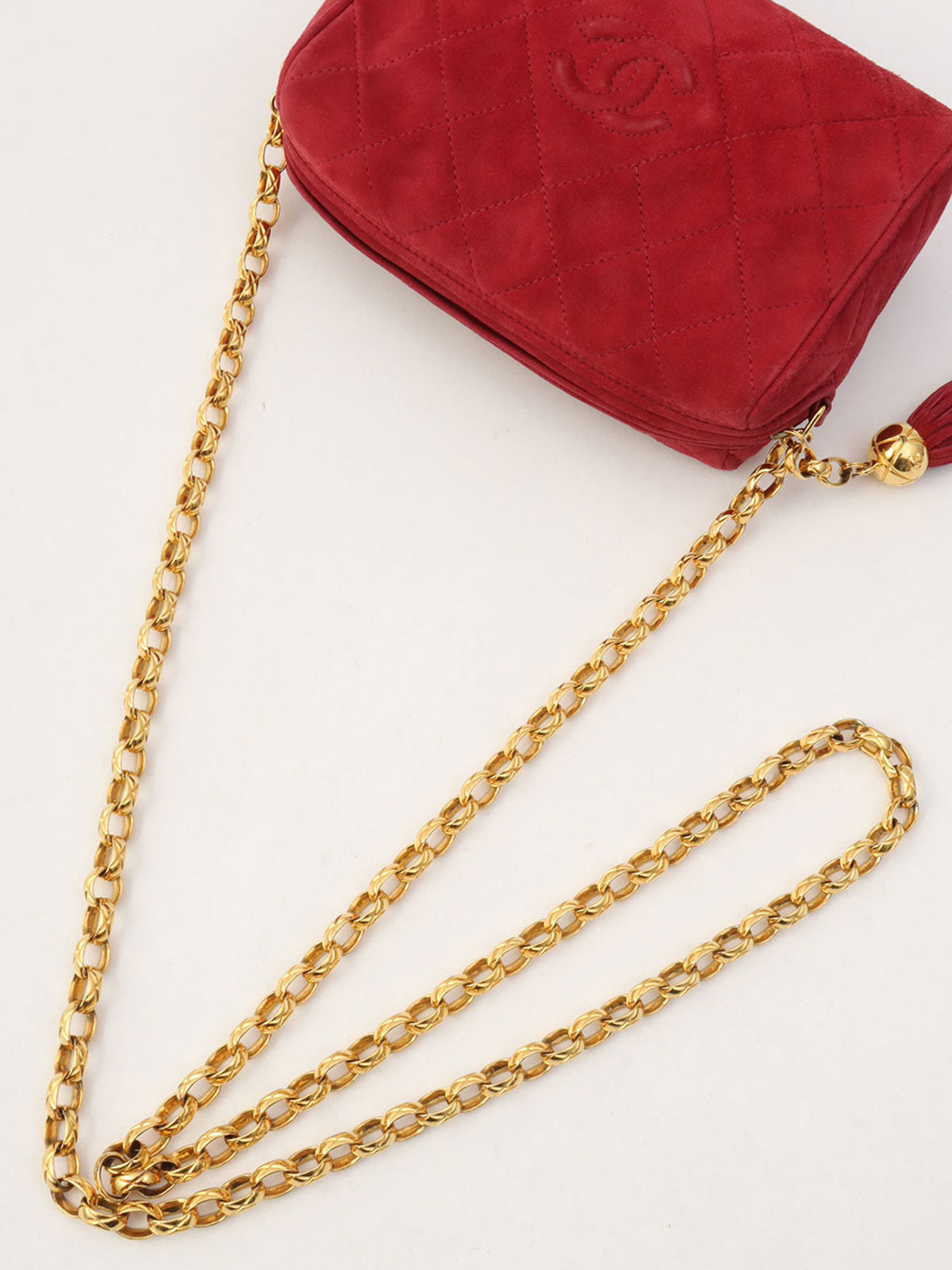 1992 Vintage CC Mark Stitch Fringe Bijou Chain Shoulder Bag Red