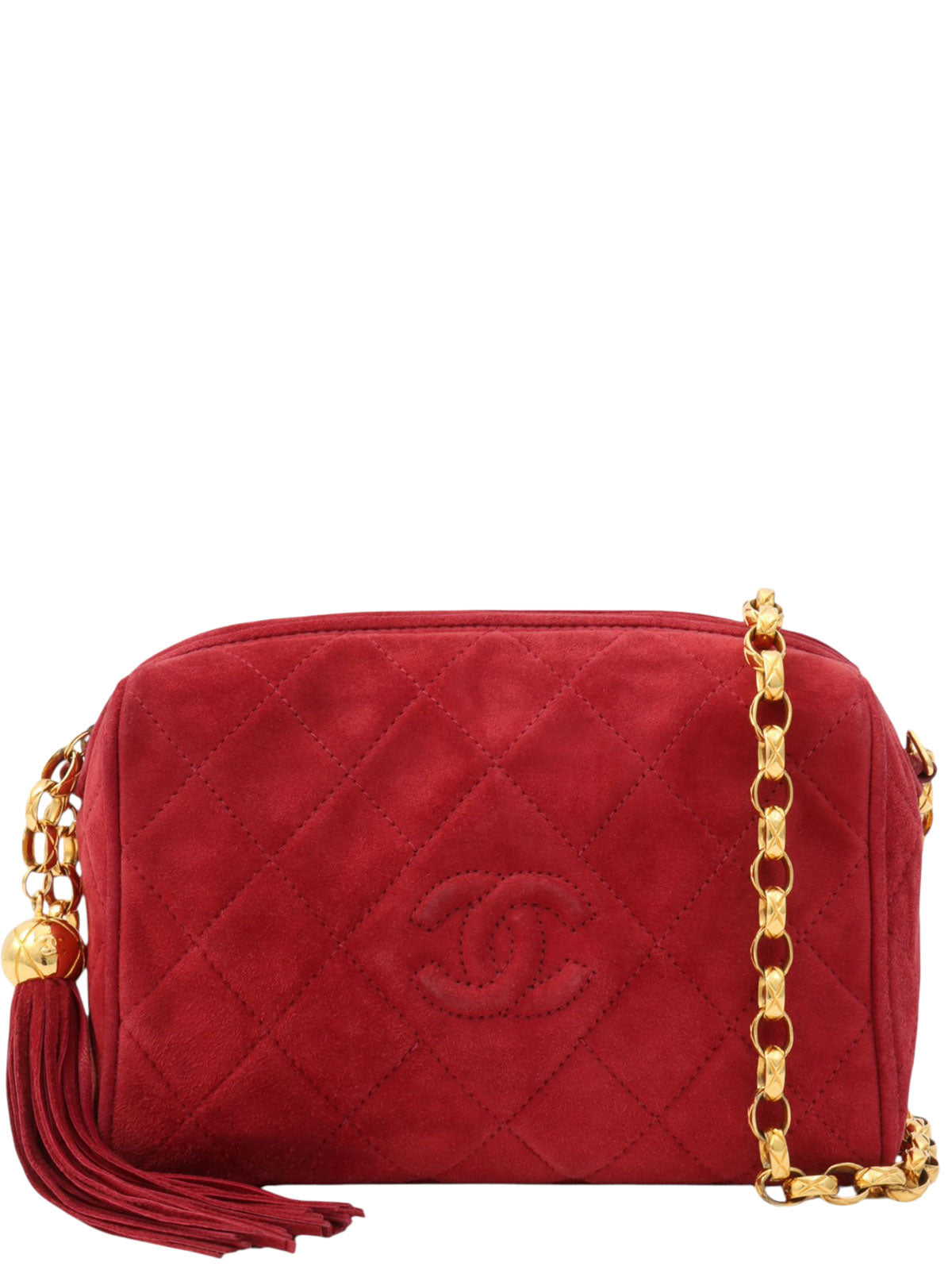 1992 Vintage CC Mark Stitch Fringe Bijou Chain Shoulder Bag Red