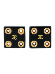 2001 Square Punched CC Mark Earrings Black/Gold