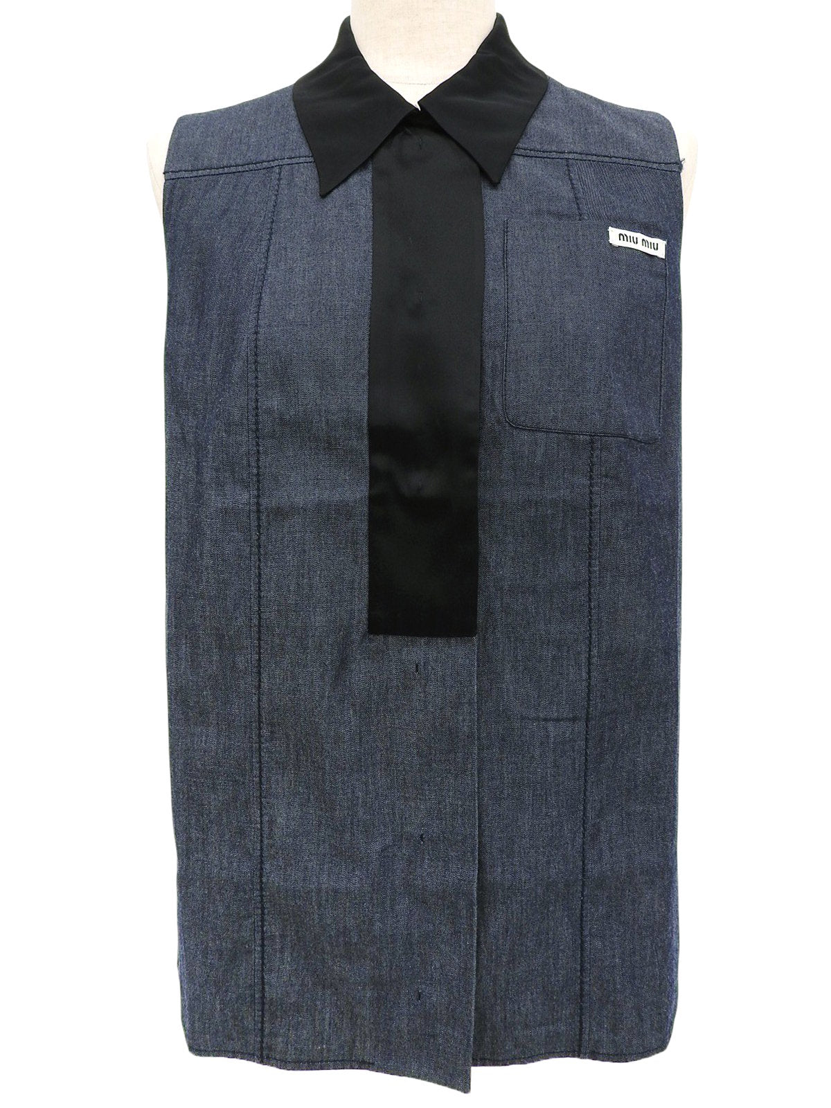 靛蓝色/黑色牛仔布无袖logo衬衫