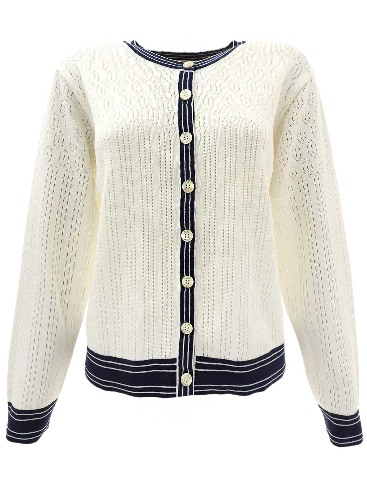 コットンロゴボタンラインカーディガン　ホワイト/ネイビー