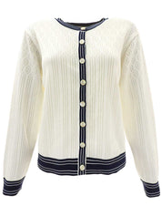 コットンロゴボタンラインカーディガン ホワイト/ネイビー